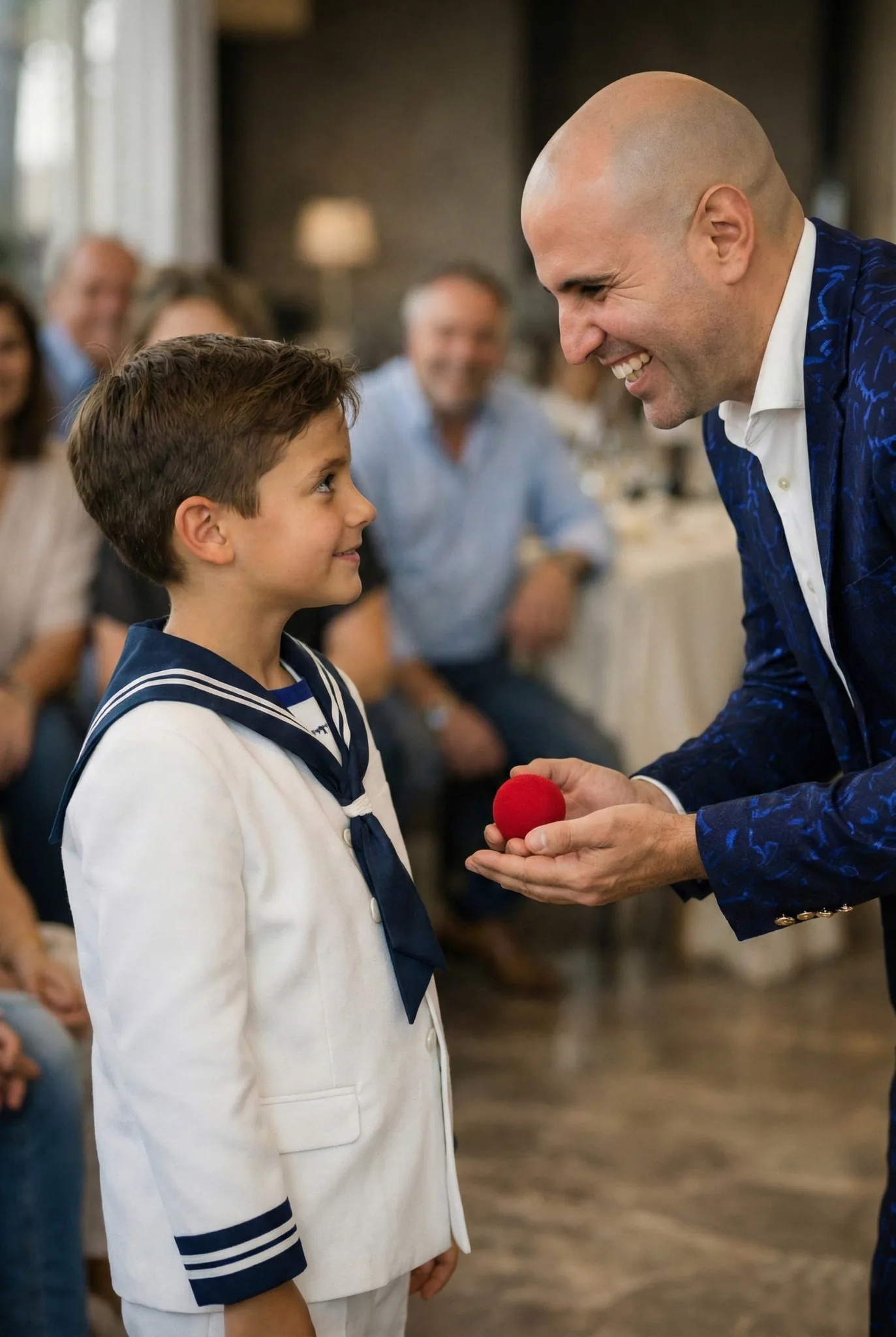 Mago de comunión realizando un espectáculo cercano y participativo con el niño protagonista