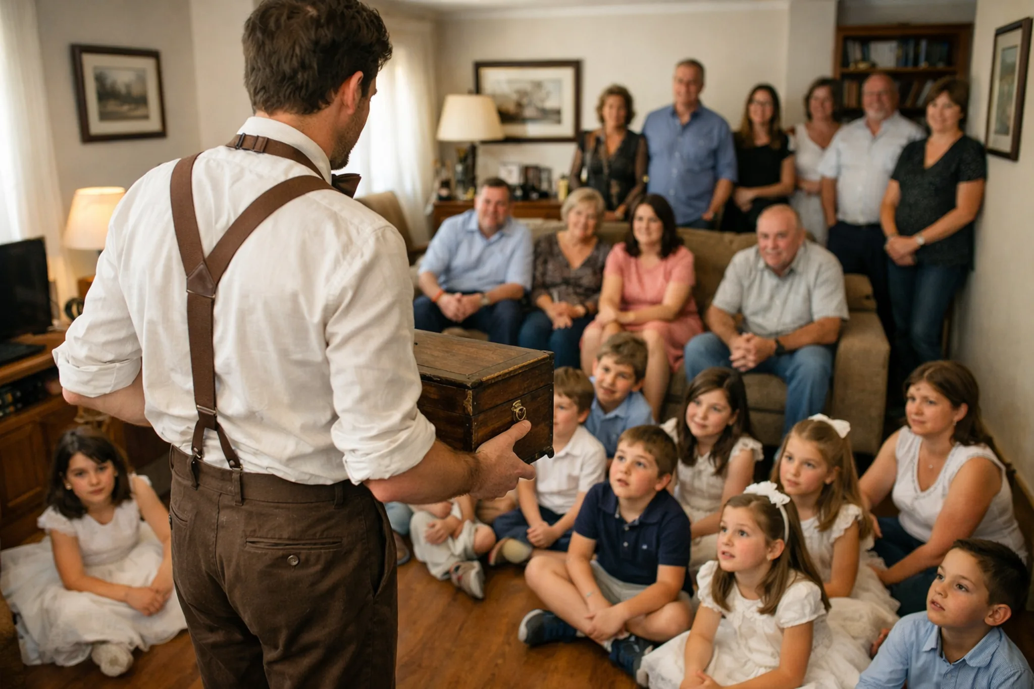 Mago de comunión actuando en un salón de casa con niños sentados y adultos disfrutando