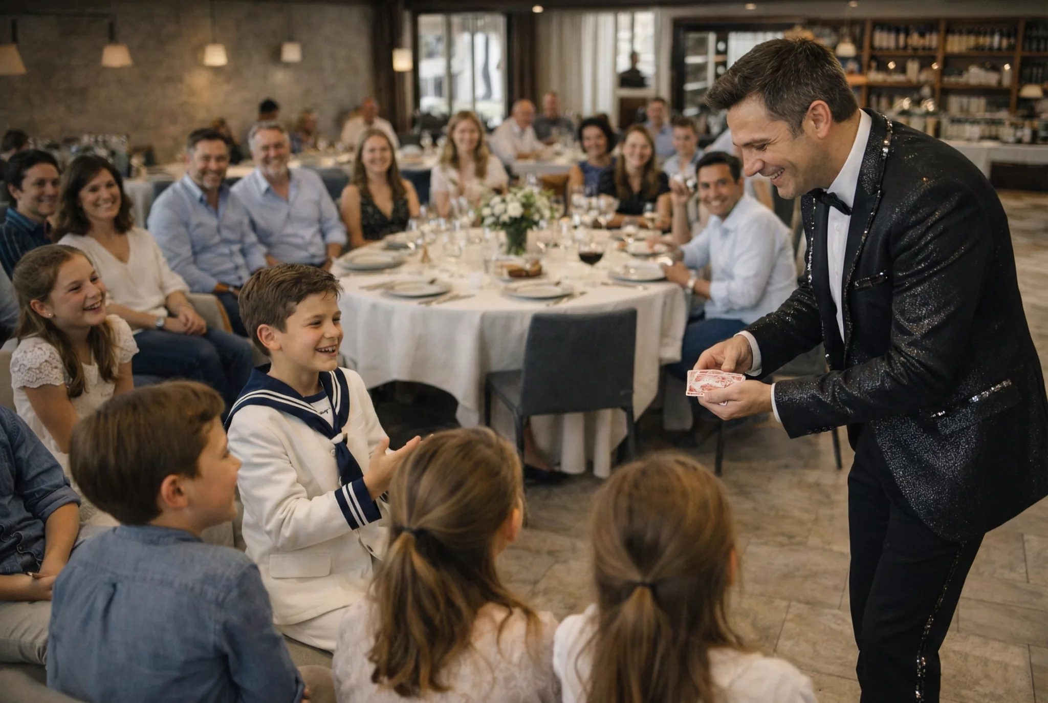 Mago realizando magia en un restaurante durante una comunión en Madrid